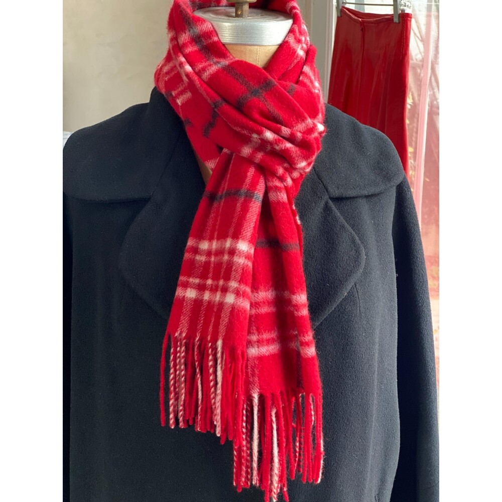 Charter Club 100% Cashmere Red & White Plaid Scarf 13' x 61.5" Fringe